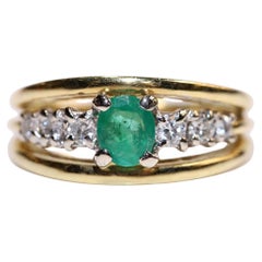 Vintage Circa 1980s 18k Gold Natural Diamond And Emerald Ring 