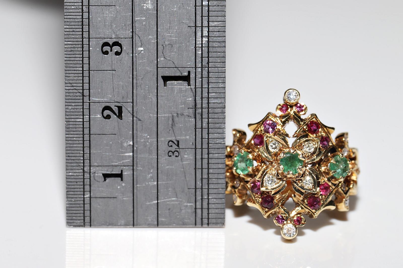 Vintage Navette-Ring, Vintage, ca. 1980er Jahre, 18 Karat Gold, natürlicher Diamant und Smaragd, Rubin im Angebot 9