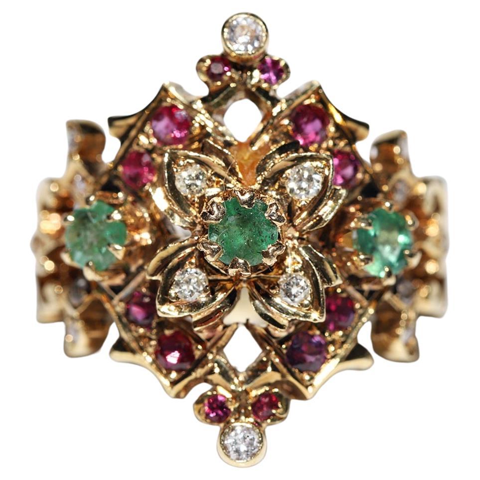 Vintage Circa 1980s 18k Gold Natural Diamond And Emerald Ruby Navette Ring For Sale