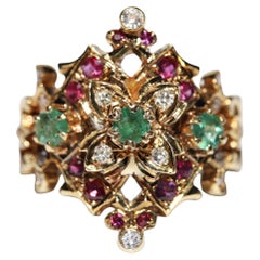 Retro Circa 1980s 18k Gold Natural Diamond And Emerald Ruby Navette Ring