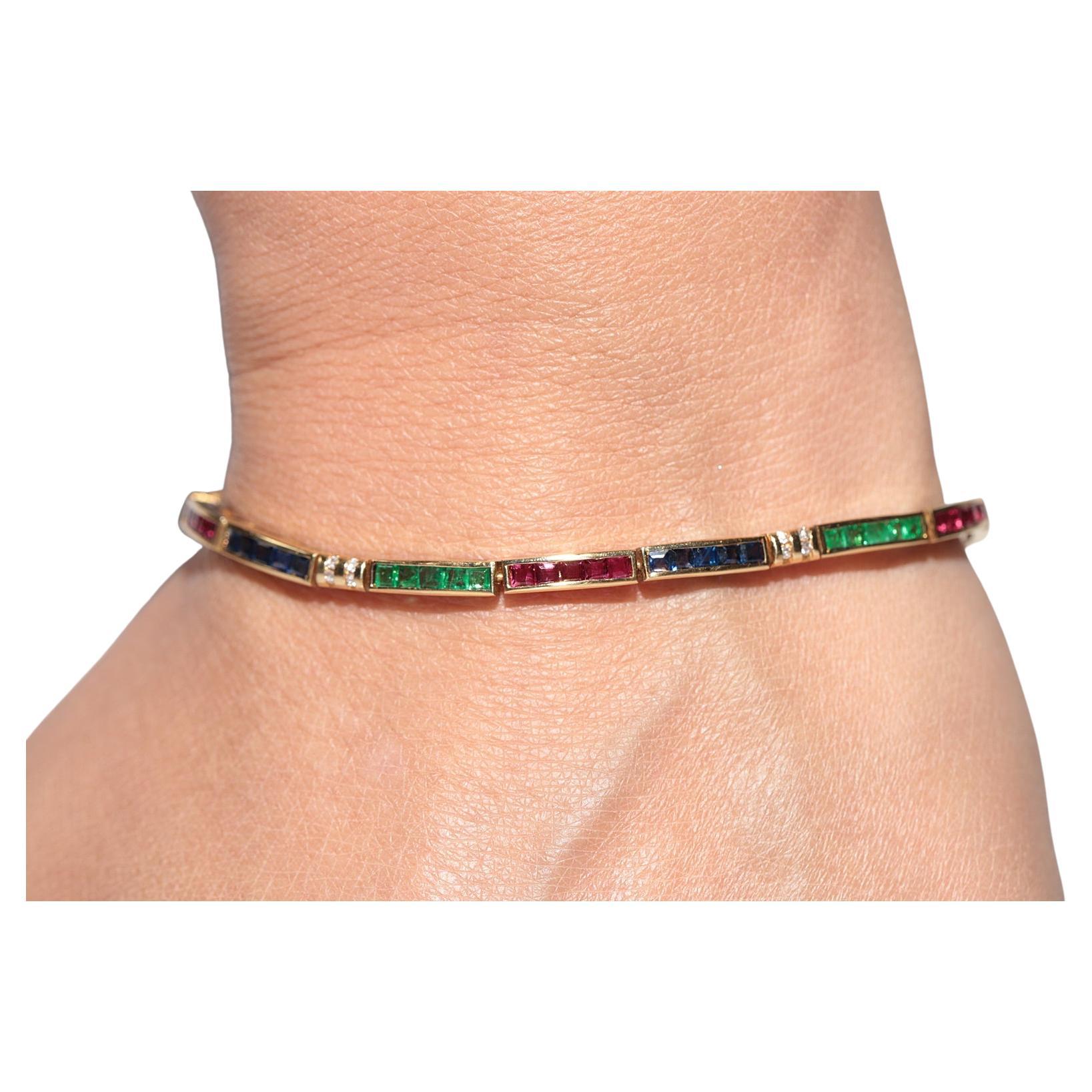 Vintage Circa 1980s 18k Gold Natural Diamond And Emerald Ruby Sapphire Bracelet