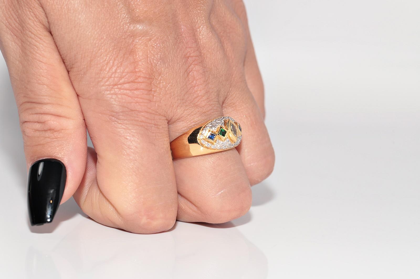 Vintage ByCA 1980 Bague en or 18k avec diamant naturel et saphir émeraude en vente 11