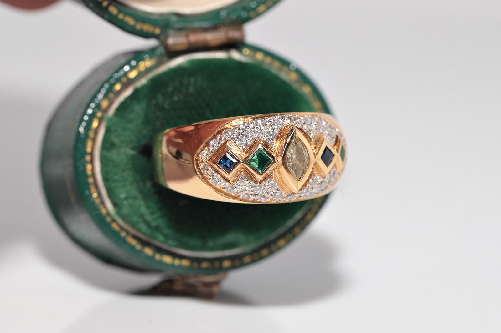Artisan Vintage ByCA 1980 Bague en or 18k avec diamant naturel et saphir émeraude en vente