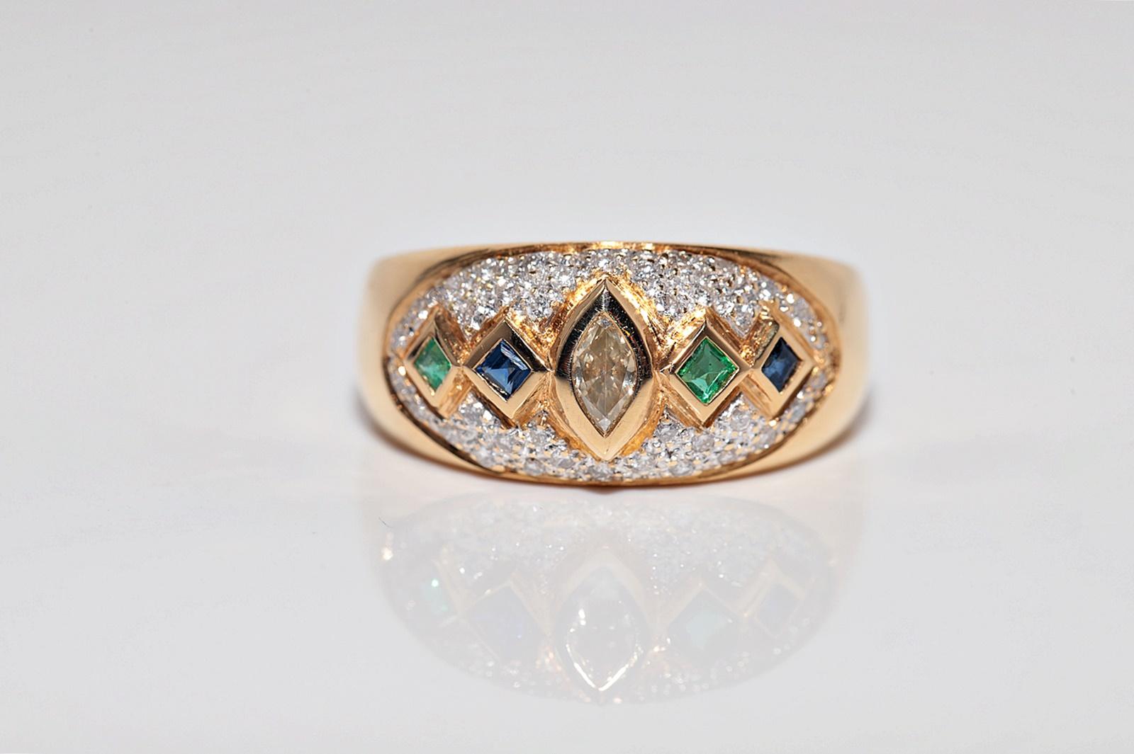 Vintage ByCA 1980 Bague en or 18k avec diamant naturel et saphir émeraude Bon état - En vente à Fatih/İstanbul, 34