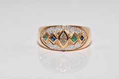Vintage ByCA 1980 Bague en or 18k avec diamant naturel et saphir émeraude