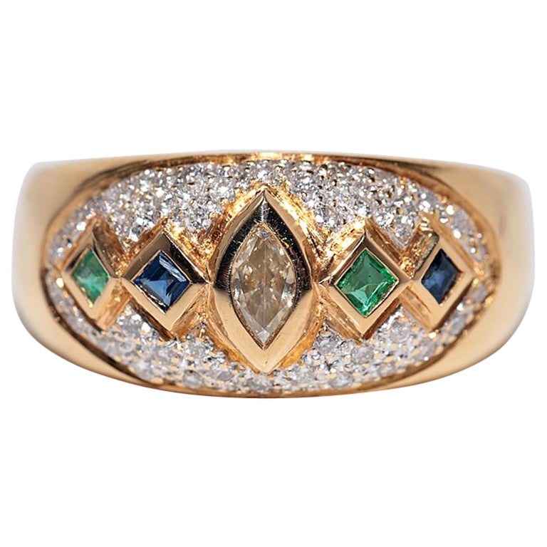 Vintage Circa 1980s 18k Gold Natural Diamond And Emerald Sapphire Band Ring For Sale