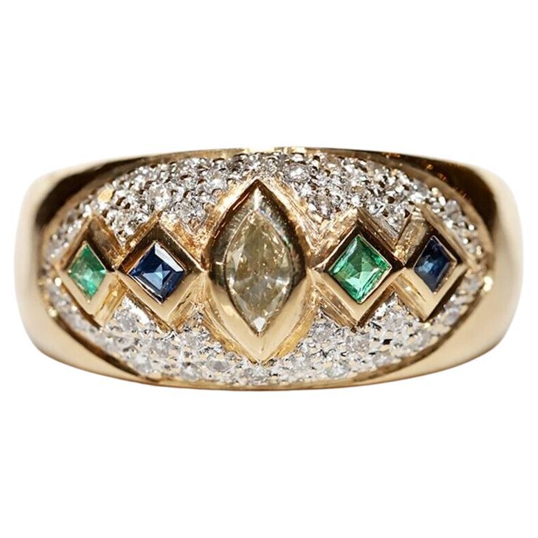 Vintage Circa 1980s 18k Gold Natural Diamond And Emerald Sapphire Decorated Ring For Sale