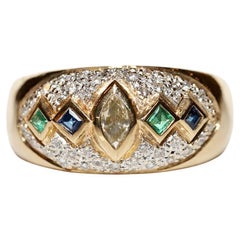 Vintage Circa 1980er Jahre 18k Gold Natürlicher Diamant und Smaragd Saphir Dekorierter Ring