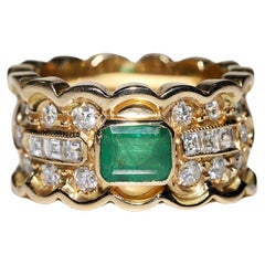 Retro Circa 1980s 18k Gold Natural Diamond And Emerald Strong Tank Ring