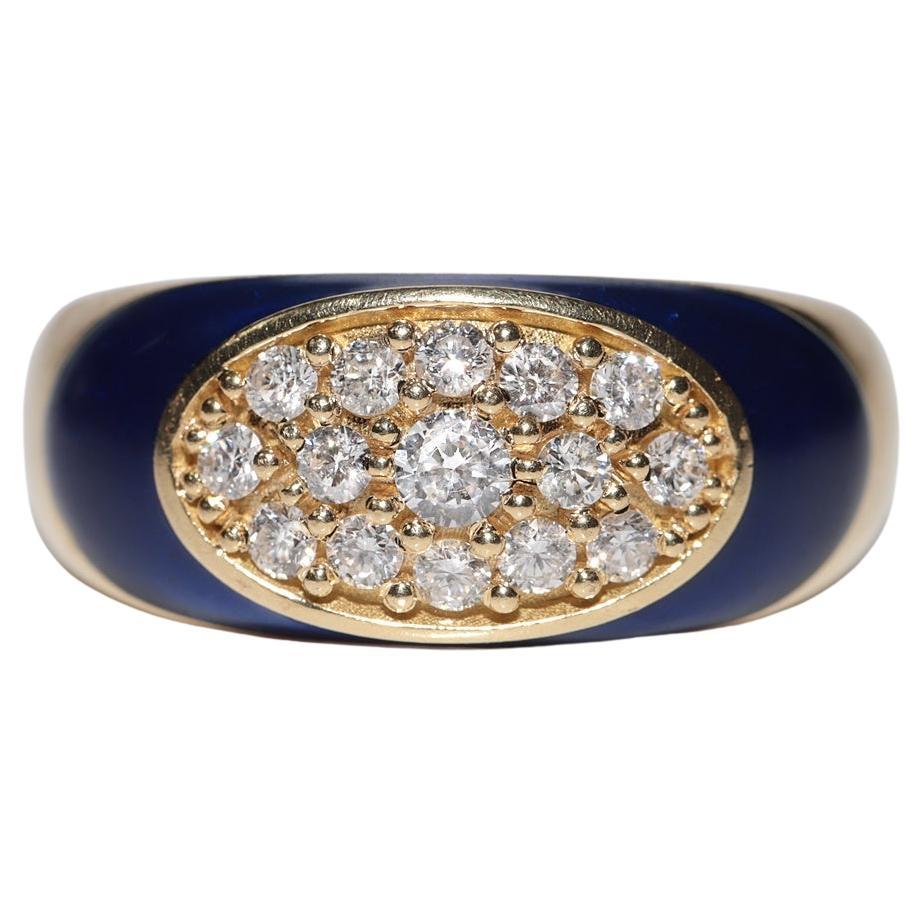 Bague vintage des années 1980 en or 18 carats, diamant naturel et émail