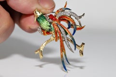 Vintage Circa 1980s 18k Gold Natural Diamond And Enamel Bird Brooch