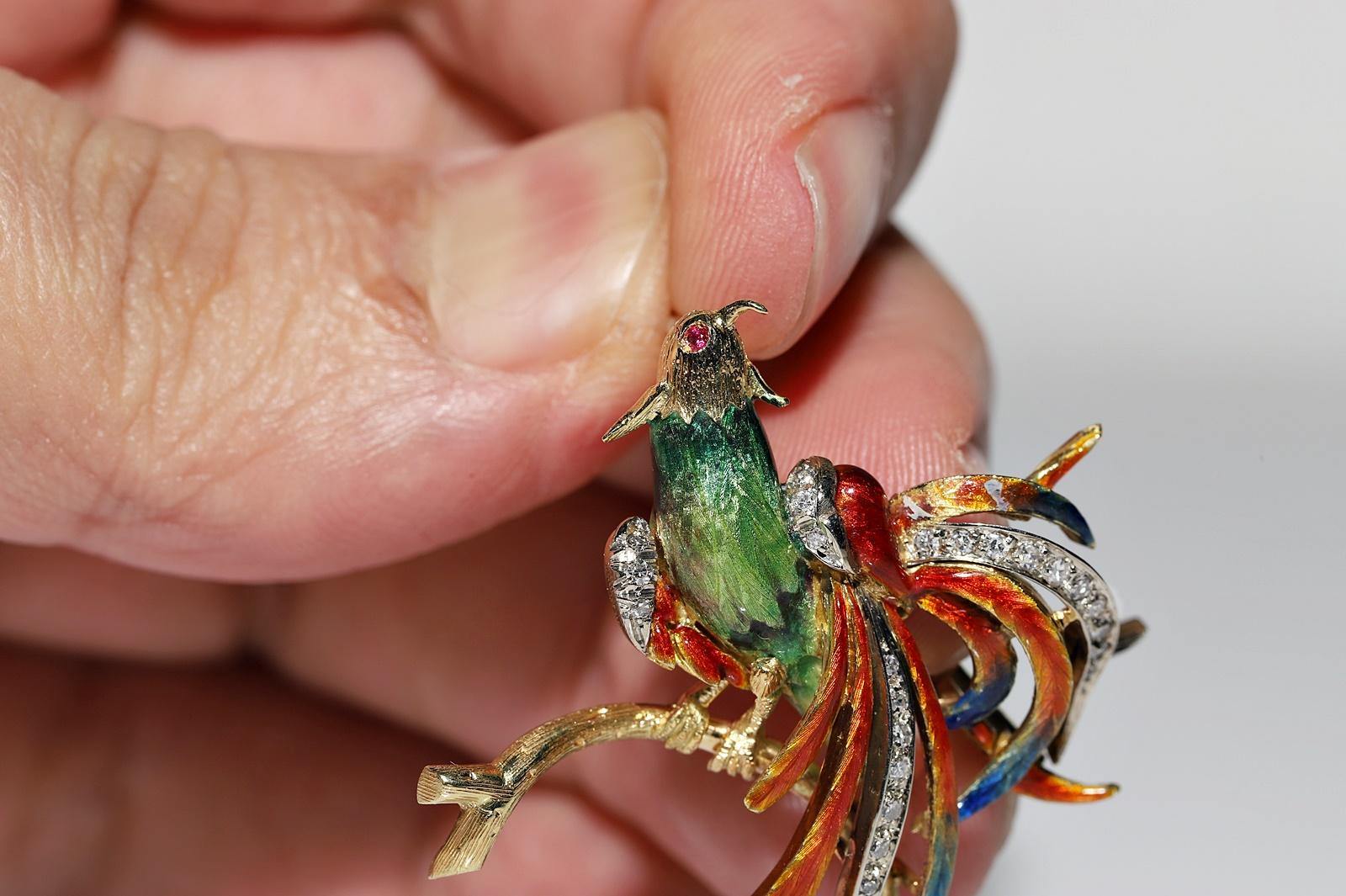 Retro Vintage Circa 1980s 18k Gold Natural Diamond And Enamel Bird Brooch For Sale