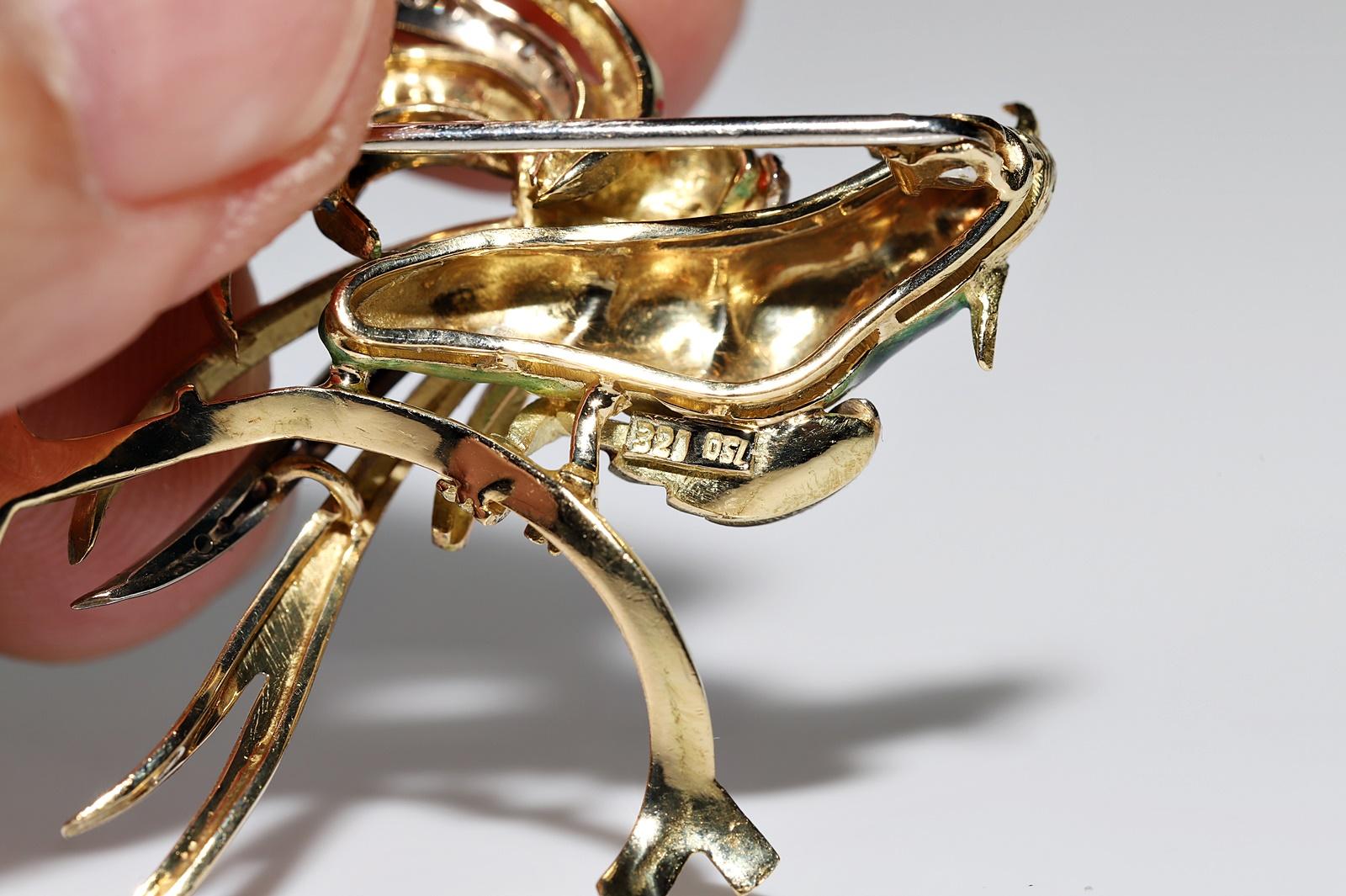 Vintage Circa 1980s 18k Gold Natural Diamond And Enamel Bird Brooch For Sale 2