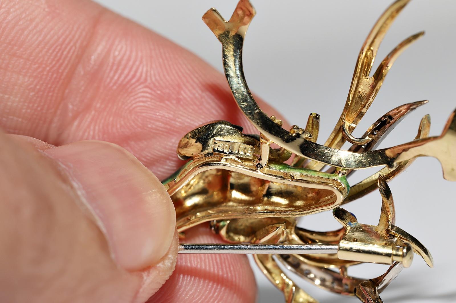 Vintage Circa 1980s 18k Gold Natural Diamond And Enamel Bird Brooch For Sale 3