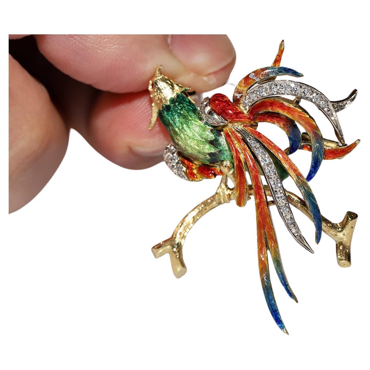 Vintage Circa 1980s 18k Gold Natural Diamond And Enamel Bird Brooch For Sale