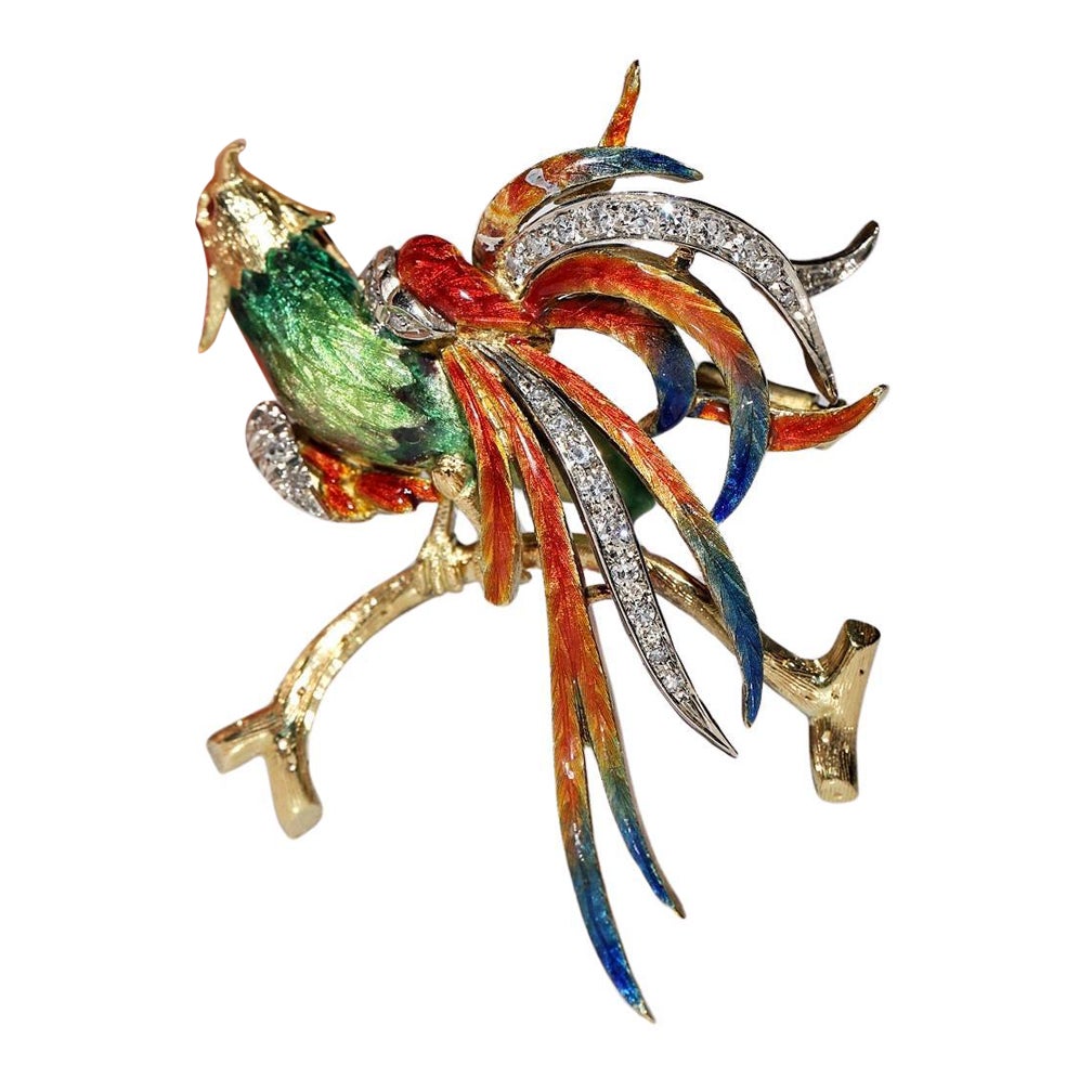 Spilla a forma di uccello in oro naturale, diamanti e smalto, vintage, CIRCA gli anni
80.