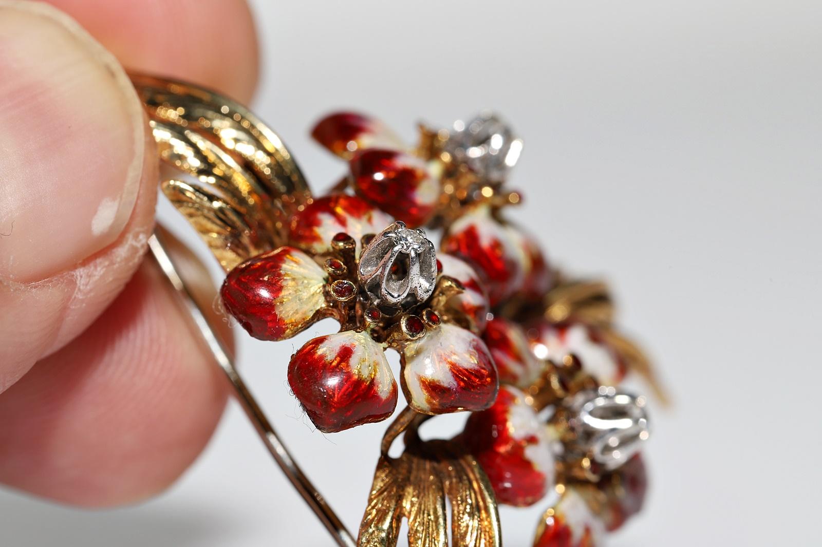Brosche aus 18 Karat Gold mit natürlichen Diamanten und Emaille, Vintage, ca. 1980er Jahre im Angebot 4