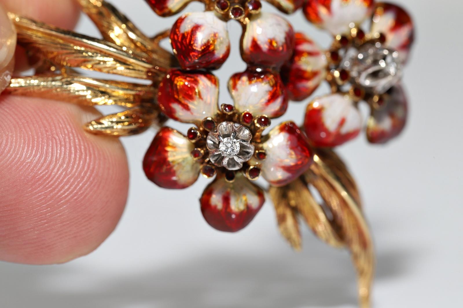 Brosche aus 18 Karat Gold mit natürlichen Diamanten und Emaille, Vintage, ca. 1980er Jahre im Angebot 5