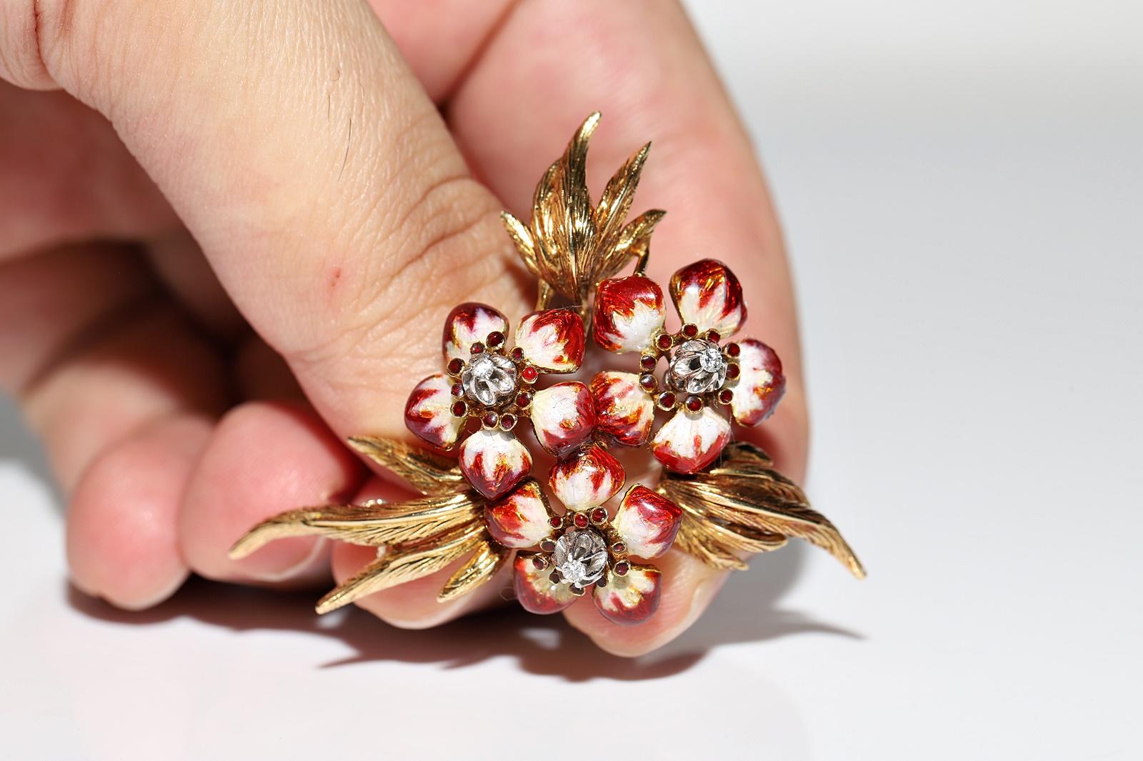 Brosche aus 18 Karat Gold mit natürlichen Diamanten und Emaille, Vintage, ca. 1980er Jahre im Angebot 6