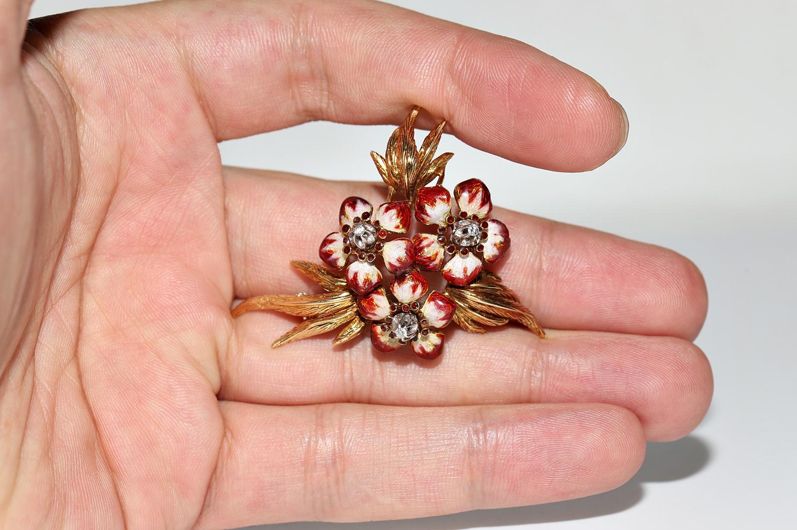 Brosche aus 18 Karat Gold mit natürlichen Diamanten und Emaille, Vintage, ca. 1980er Jahre im Angebot 7