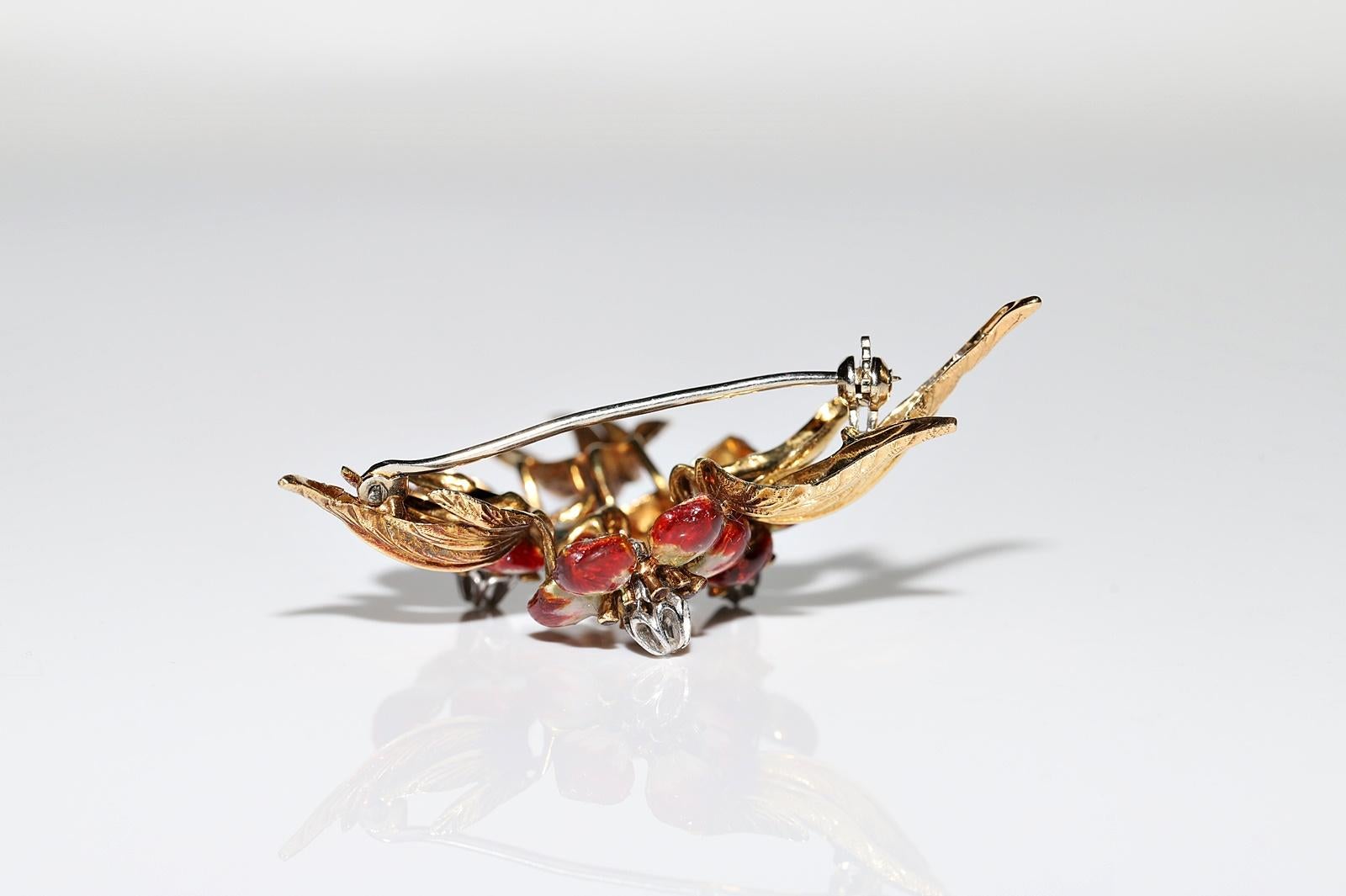 Brosche aus 18 Karat Gold mit natürlichen Diamanten und Emaille, Vintage, ca. 1980er Jahre im Angebot 9