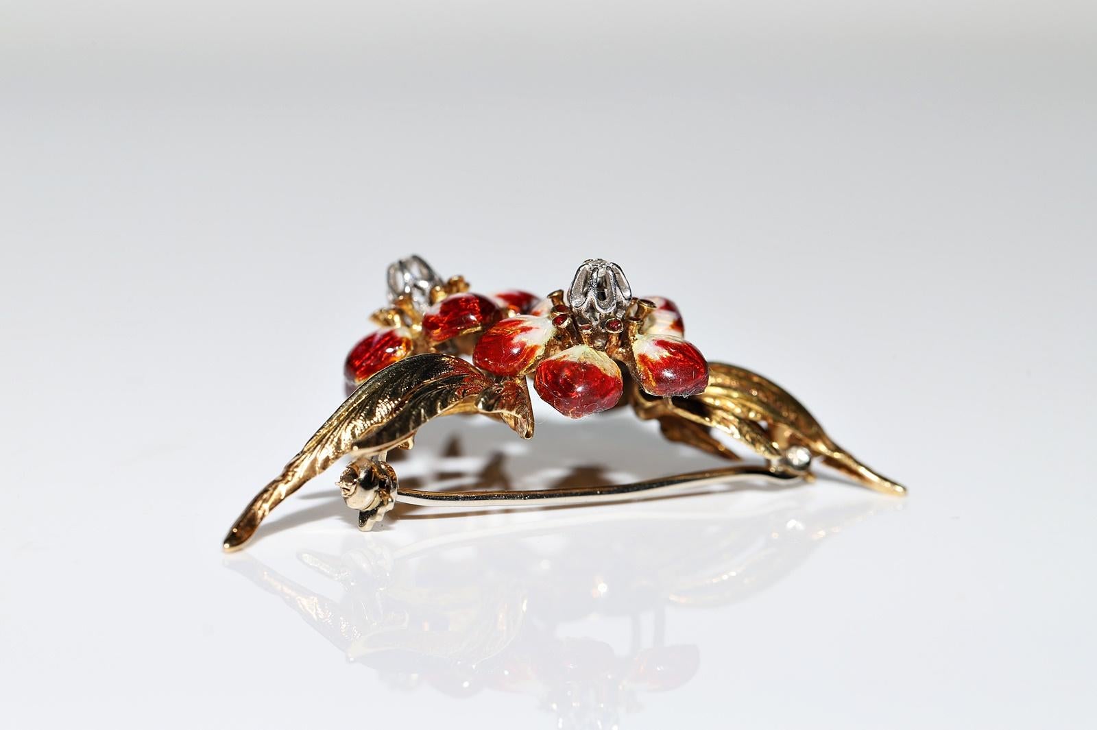 Brosche aus 18 Karat Gold mit natürlichen Diamanten und Emaille, Vintage, ca. 1980er Jahre im Angebot 11