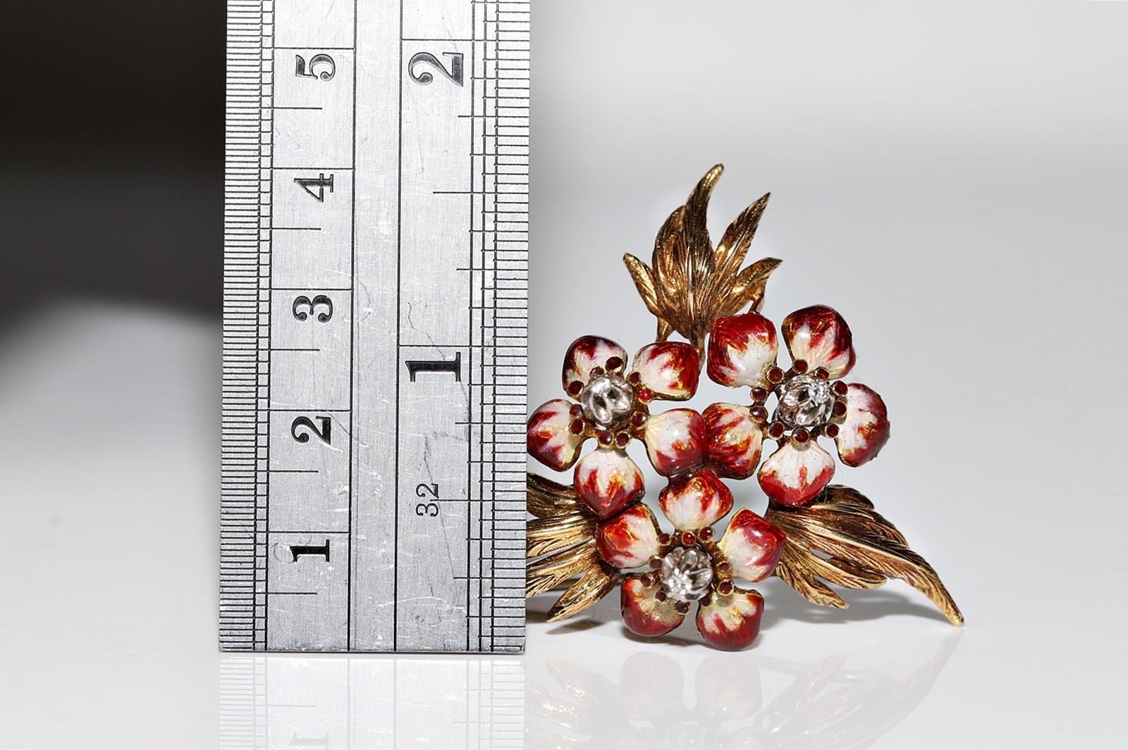 Brosche aus 18 Karat Gold mit natürlichen Diamanten und Emaille, Vintage, ca. 1980er Jahre Damen im Angebot