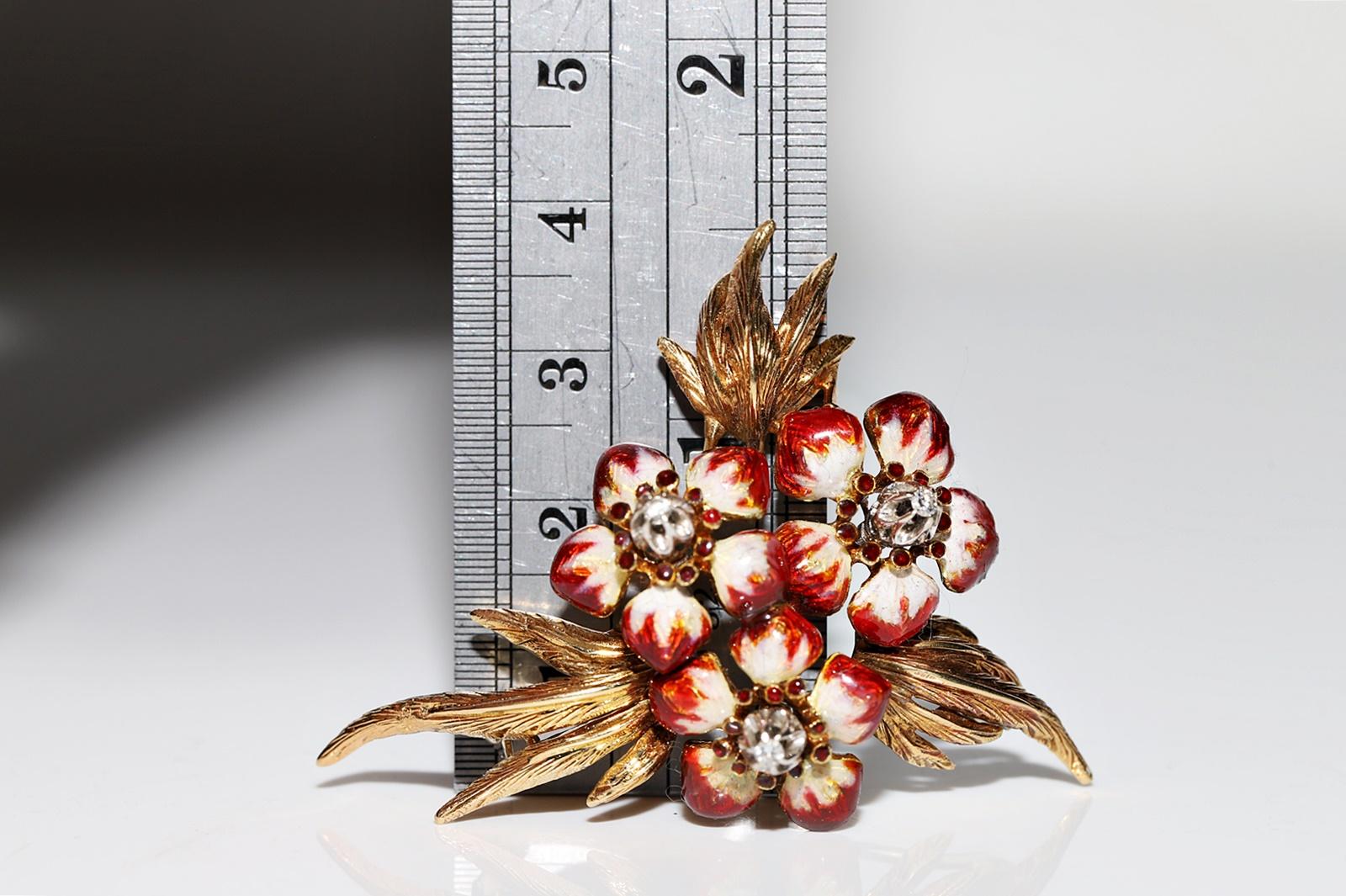 Brosche aus 18 Karat Gold mit natürlichen Diamanten und Emaille, Vintage, ca. 1980er Jahre im Angebot 1