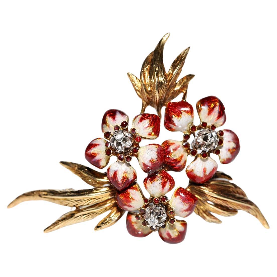 Broche vintage circa años 80 de oro de 18 quilates con diamantes naturales y esmalte