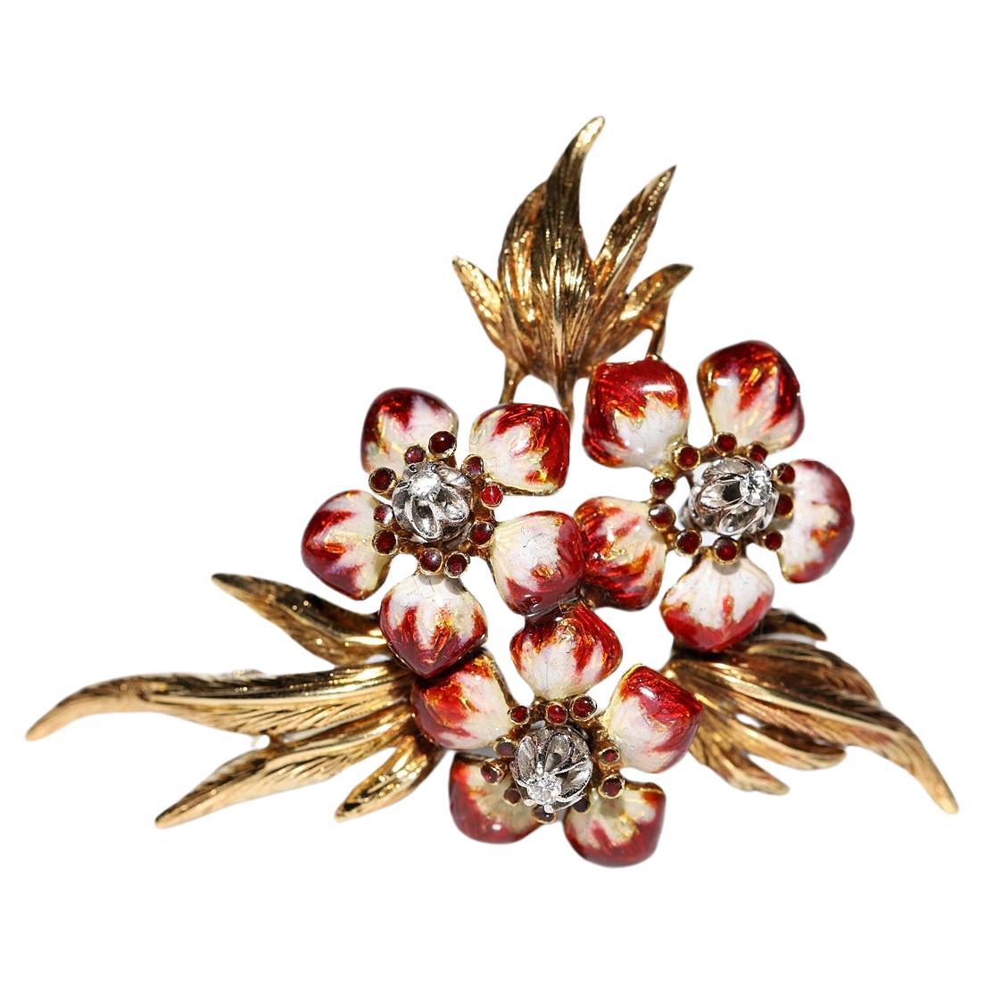 Broche vintage en or 18 carats, diamants naturels et émail des années 1980 