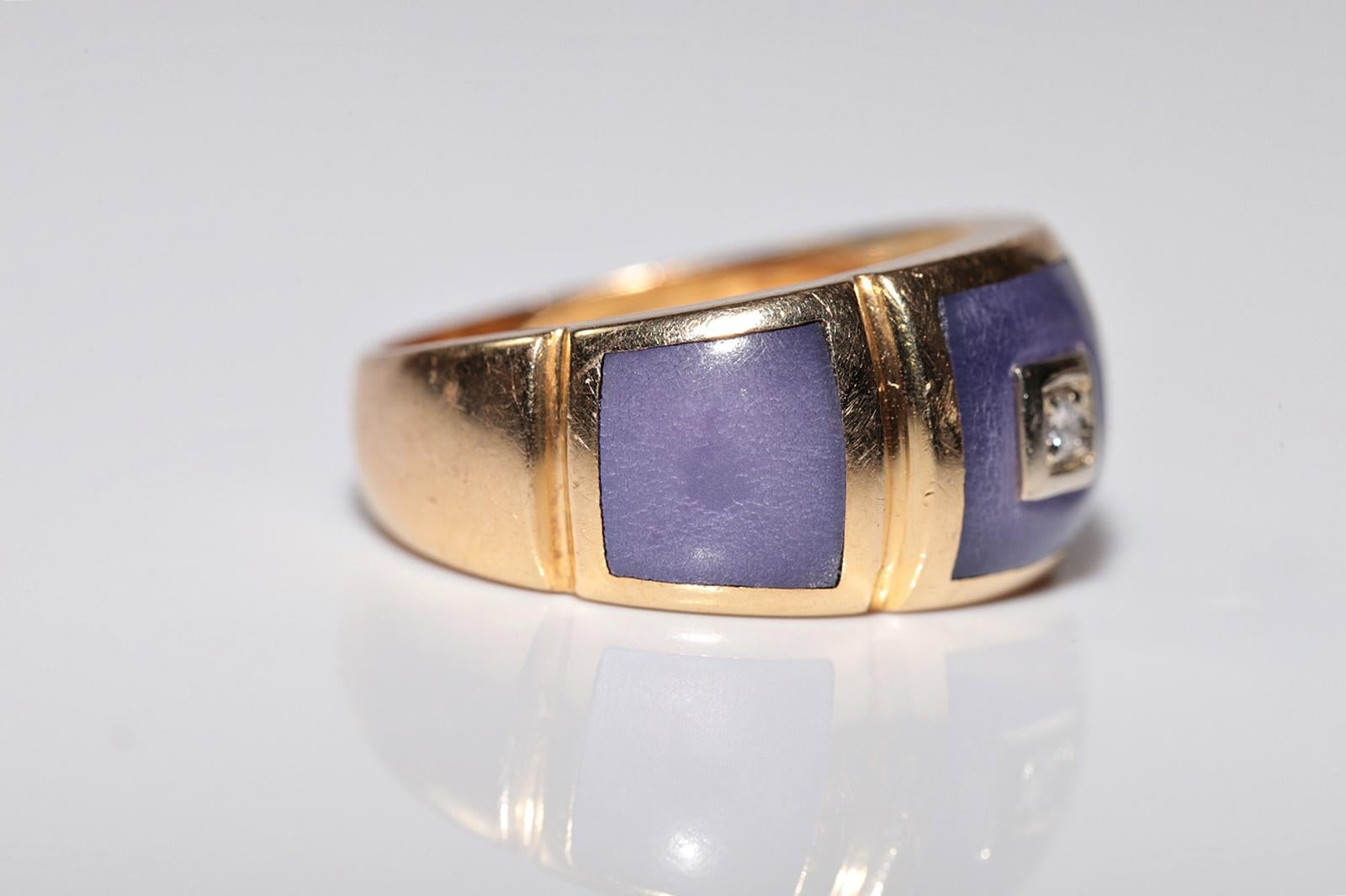 Dekorierter Vintage-Ring aus 18 Karat Gold mit natürlichem Diamant und Emaille, ca. 1980er Jahre (Brillantschliff) im Angebot