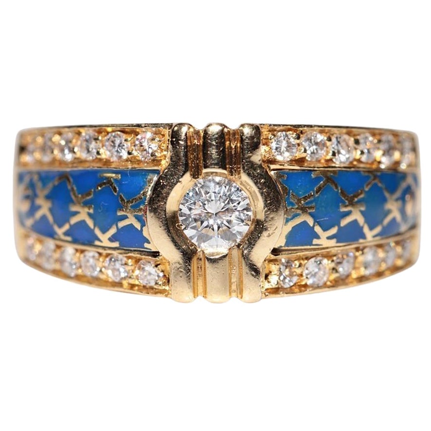 Vintage Circa 1980 Bague en or 18k décorée de diamants naturels et d
émail