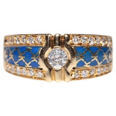 Vintage Circa 1980s 18k Gold Natural Diamond And Enamel Decorated Ring