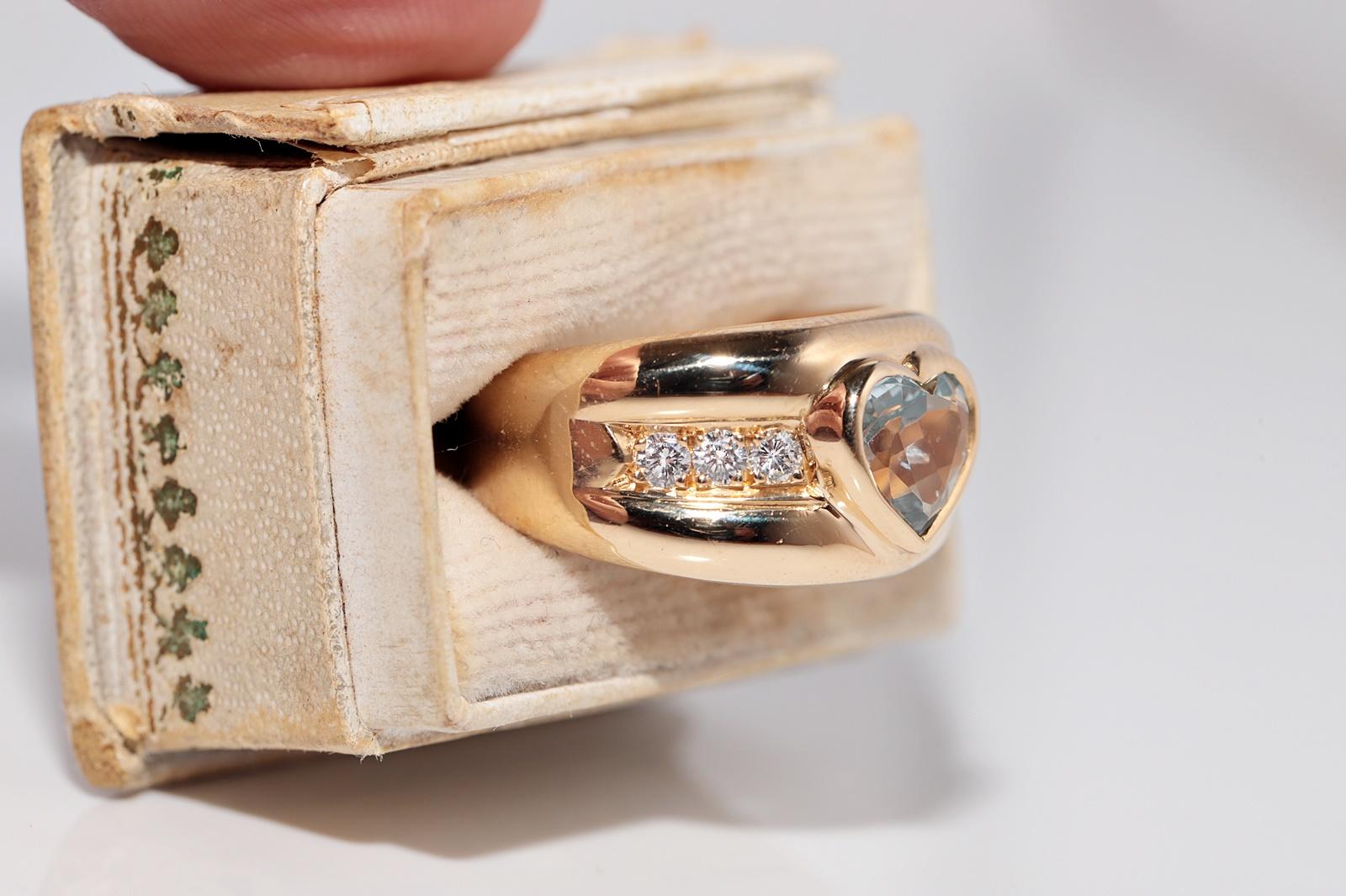 Vintage Circa 1980er Jahre 18k Gold natürlicher Diamant und Herzschliff Aqua Marine Ring (Retro) im Angebot