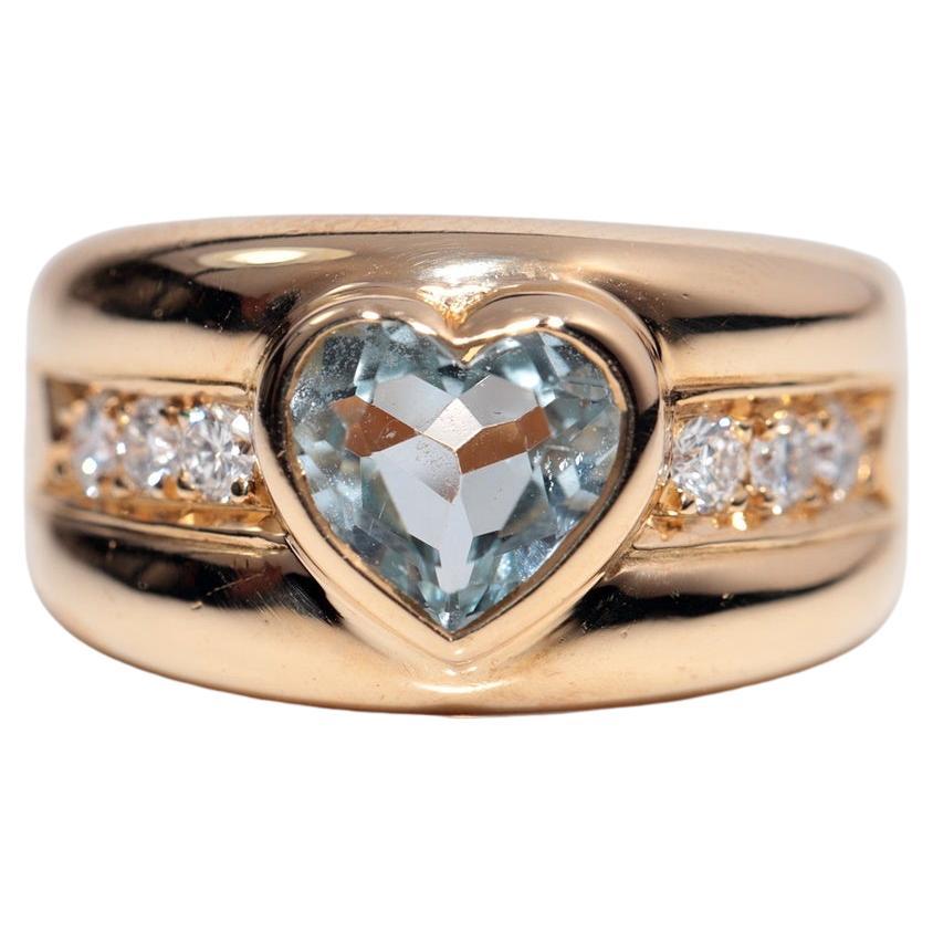 Bague aigue-marine vintage des années 1980, en or 18 carats, diamant naturel et diamant taille cœur