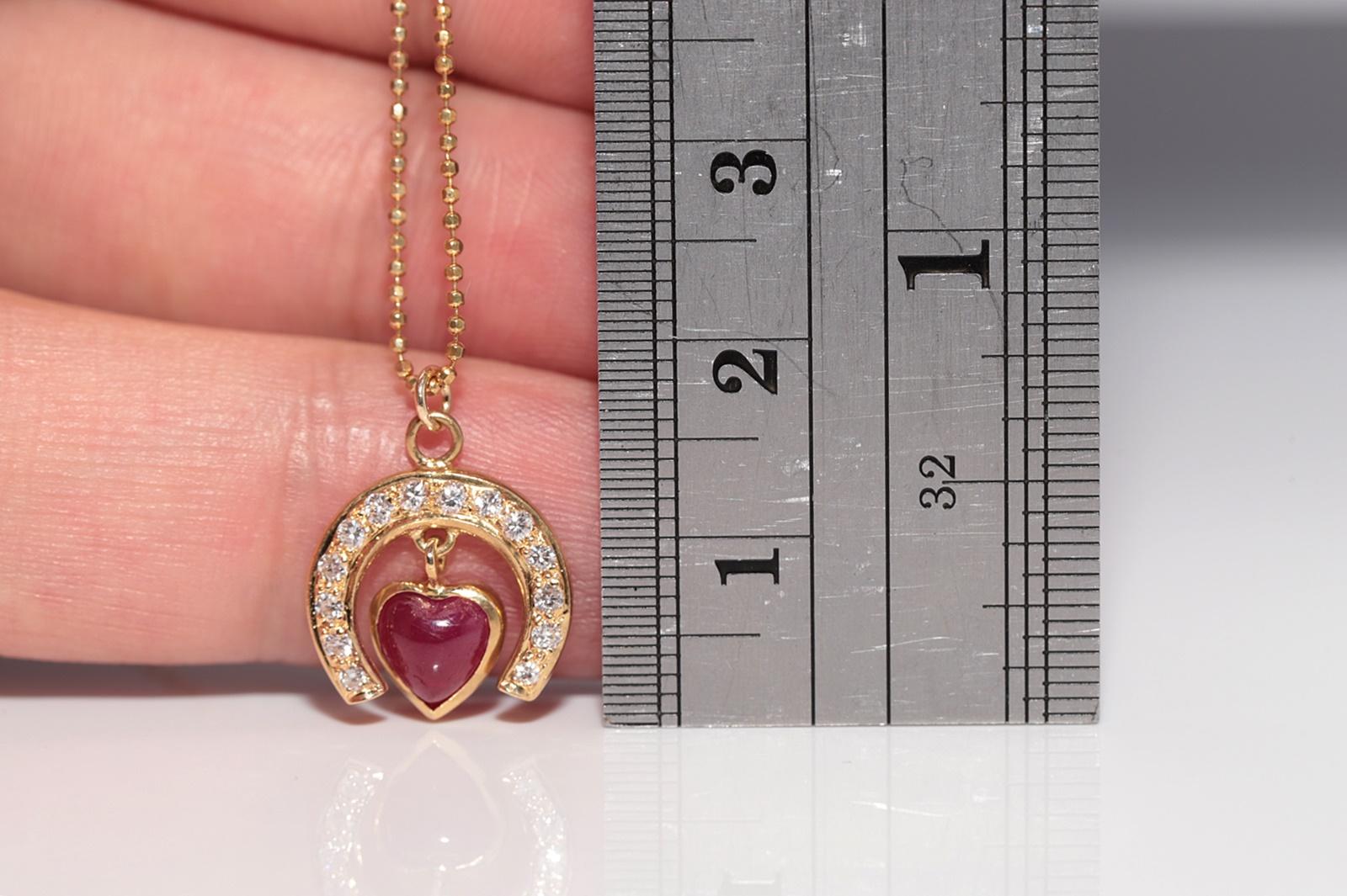 In very good condition.
Total weight is 3.5 grams.
Totally is diamond 0.30 ct.
The diamond is has G-H color and vvs-vs-s1 clarity.
Totally is ruby 1.50 ct.
Total lenght is chain 45 cm.
Please contact for any questions.