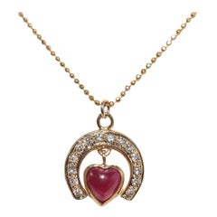 Vintage Circa 1980s 18k Gold Natural Diamond And Heart Cut Ruby Necklace