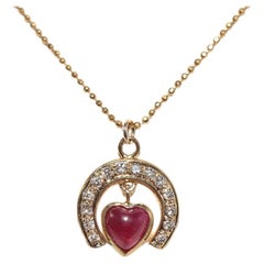 Vintage Circa 1980s 18k Gold Natural Diamond And Heart Cut Ruby Necklace