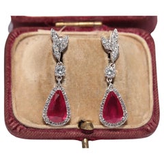 Vintage Circa 1980s 18k Gold Natural Diamond And Heated Ruby Drop Earring