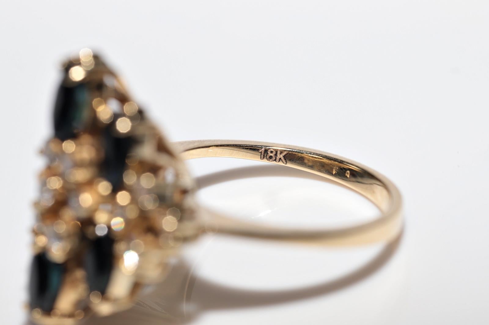Vintage Circa 1980s 18k Gold Natural Diamond And Marquise Cut Sapphire Ring For Sale 5