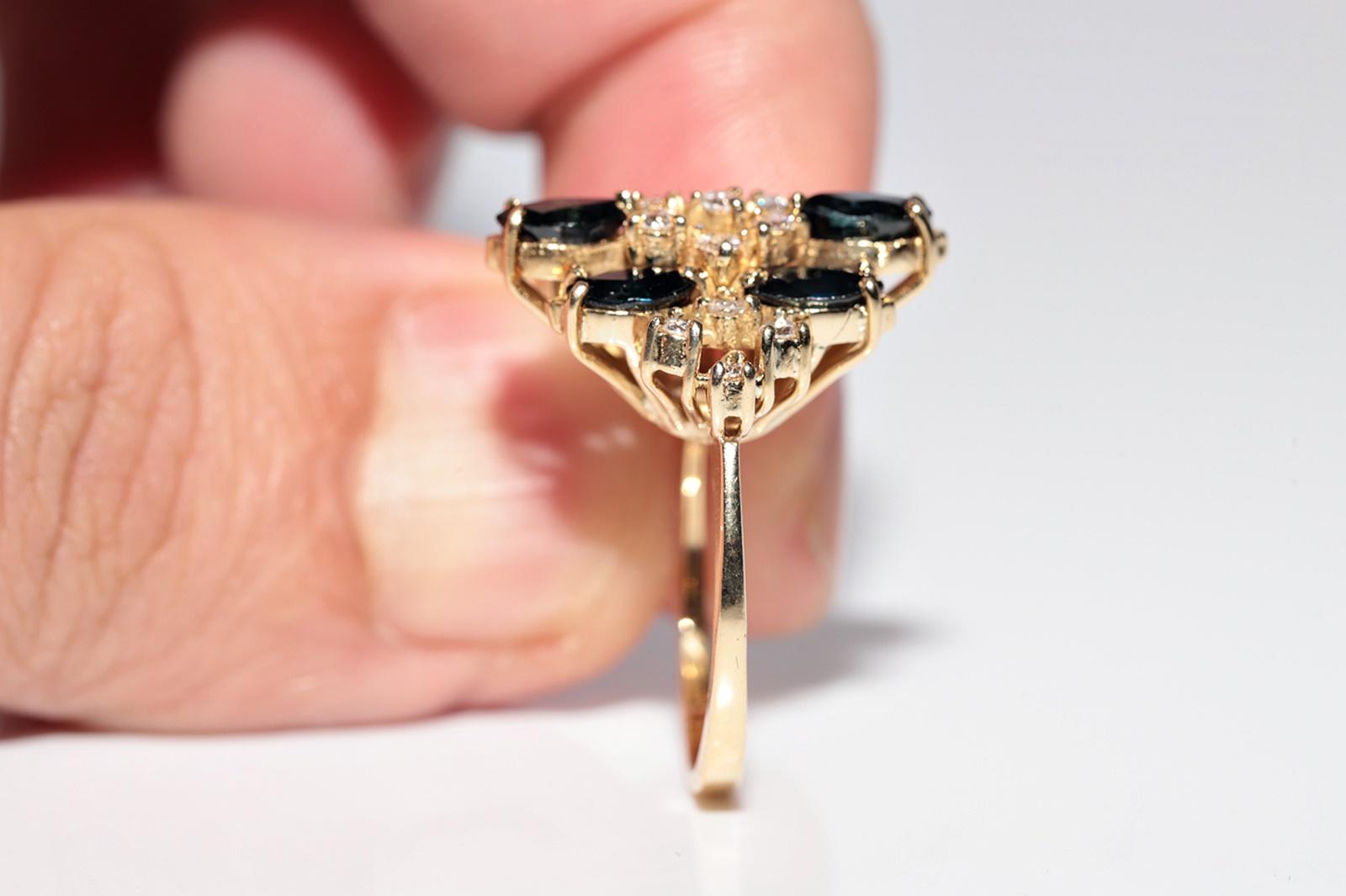Vintage Circa 1980s 18k Gold Natural Diamond And Marquise Cut Sapphire Ring For Sale 6