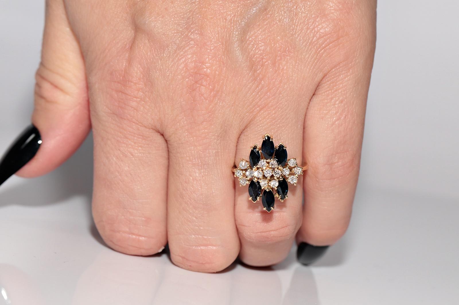 Vintage Circa 1980s 18k Gold Natural Diamond And Marquise Cut Sapphire Ring For Sale 8