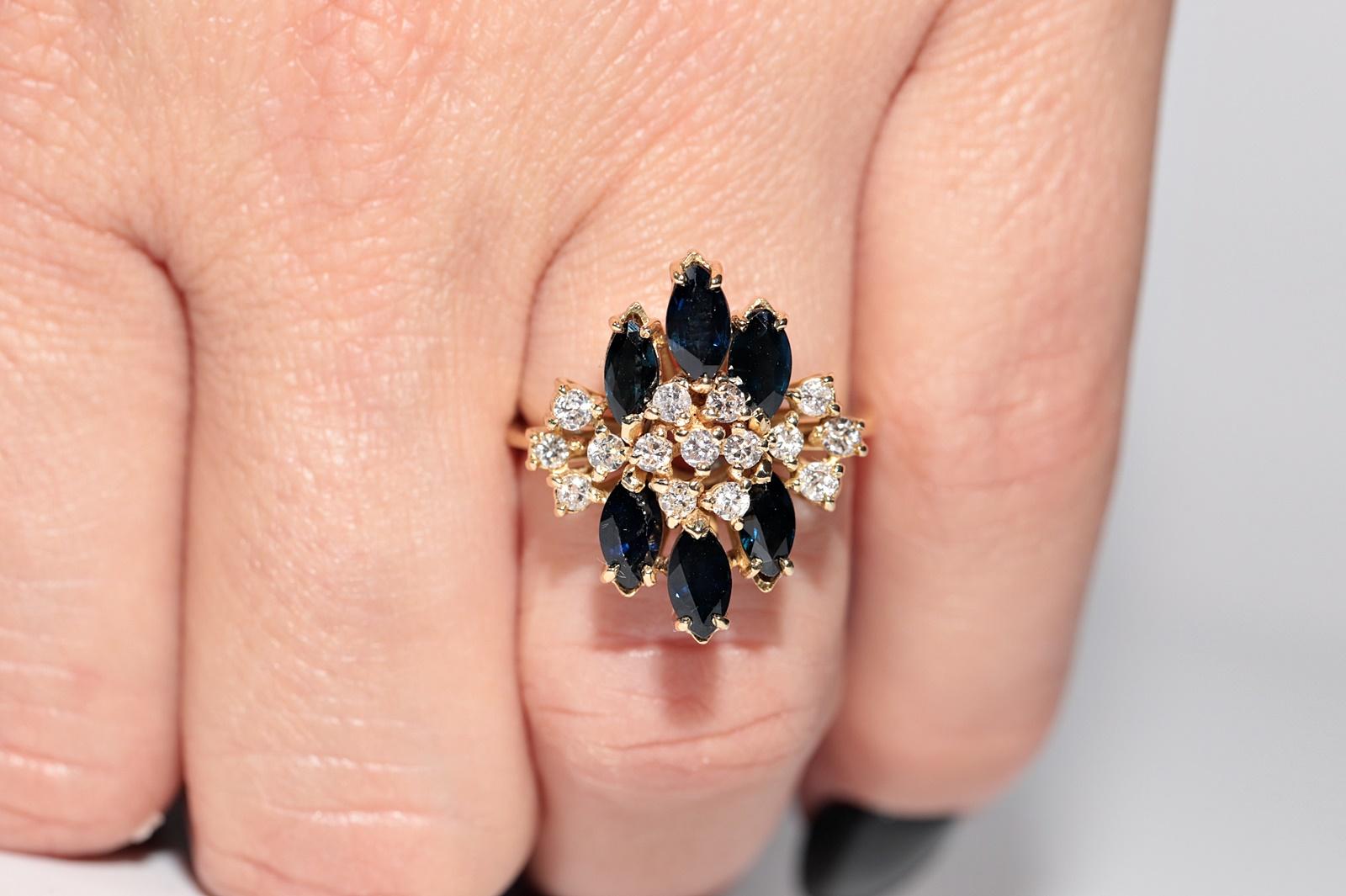 Vintage Circa 1980s 18k Gold Natural Diamond And Marquise Cut Sapphire Ring For Sale 9