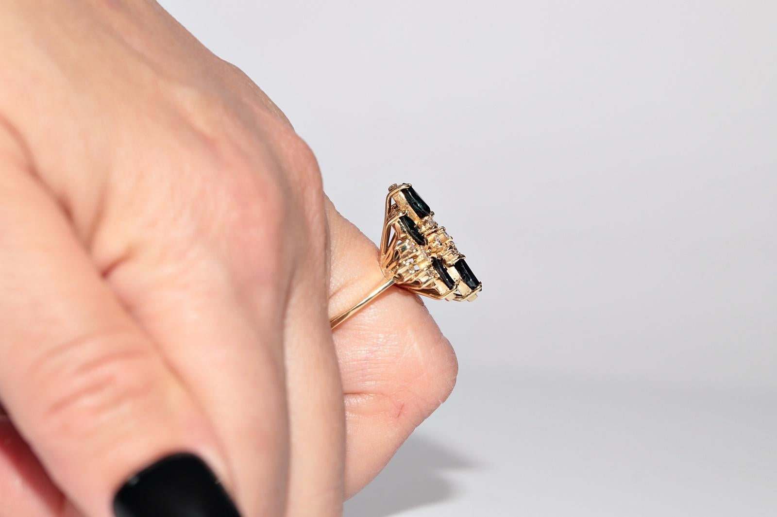 Vintage Circa 1980s 18k Gold Natural Diamond And Marquise Cut Sapphire Ring For Sale 10