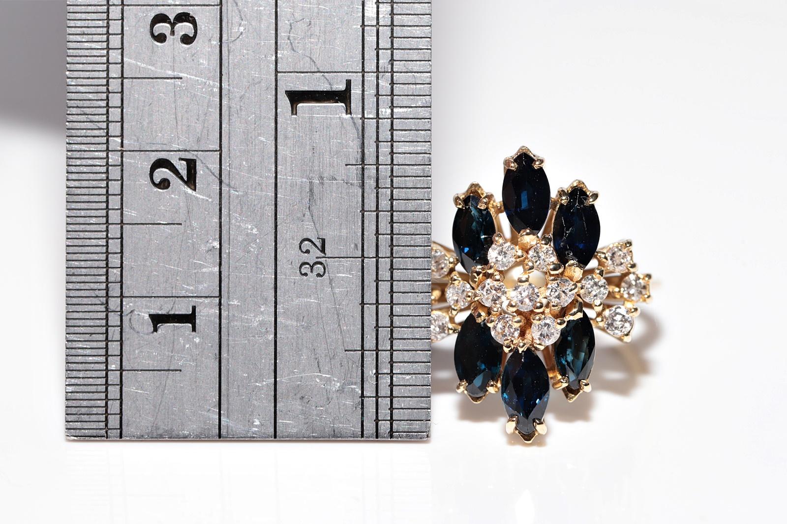 Brilliant Cut Vintage Circa 1980s 18k Gold Natural Diamond And Marquise Cut Sapphire Ring For Sale