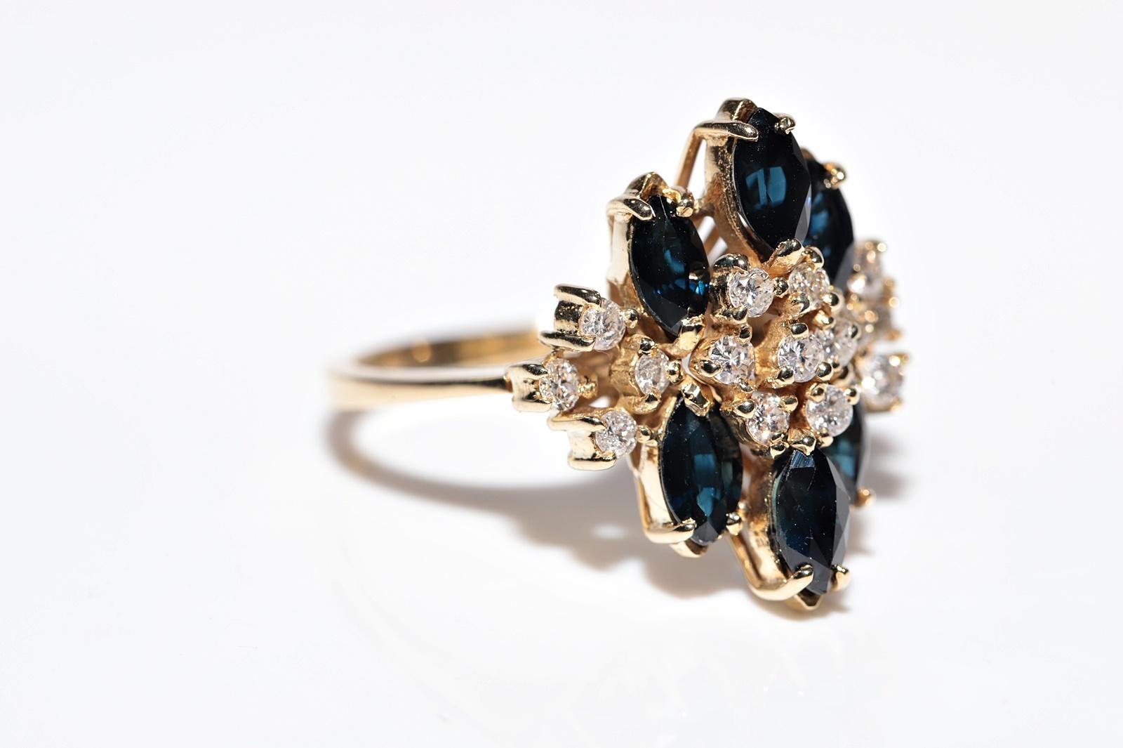 Vintage Circa 1980s 18k Gold Natural Diamond And Marquise Cut Sapphire Ring In Good Condition For Sale In Fatih/İstanbul, 34
