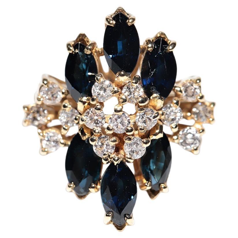 Anello in oro 18k con diamanti naturali e zaffiri taglio marquise, vintage anni '80 circa