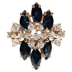 Anello in oro 18k con diamanti naturali e zaffiri taglio marquise, vintage anni '80 circa