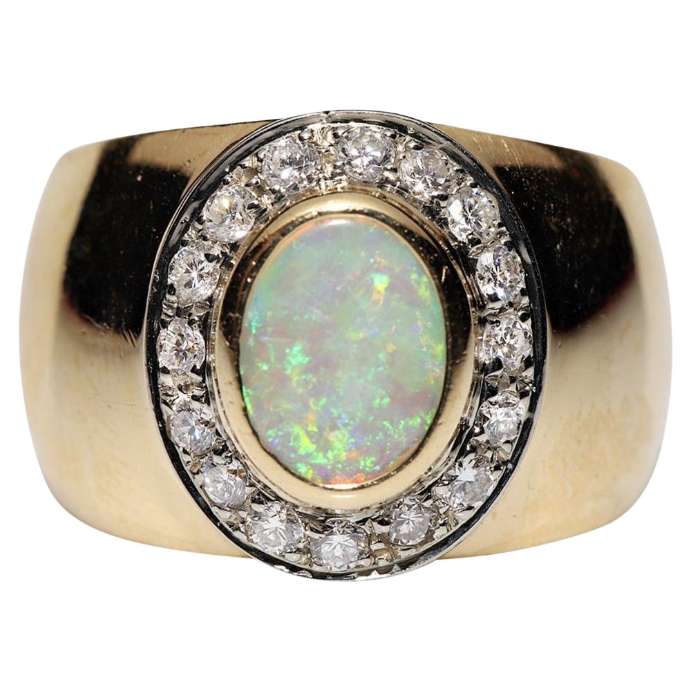 Anello decorato con diamanti naturali e opali in oro 18 carati, vintage, anni '80 circa