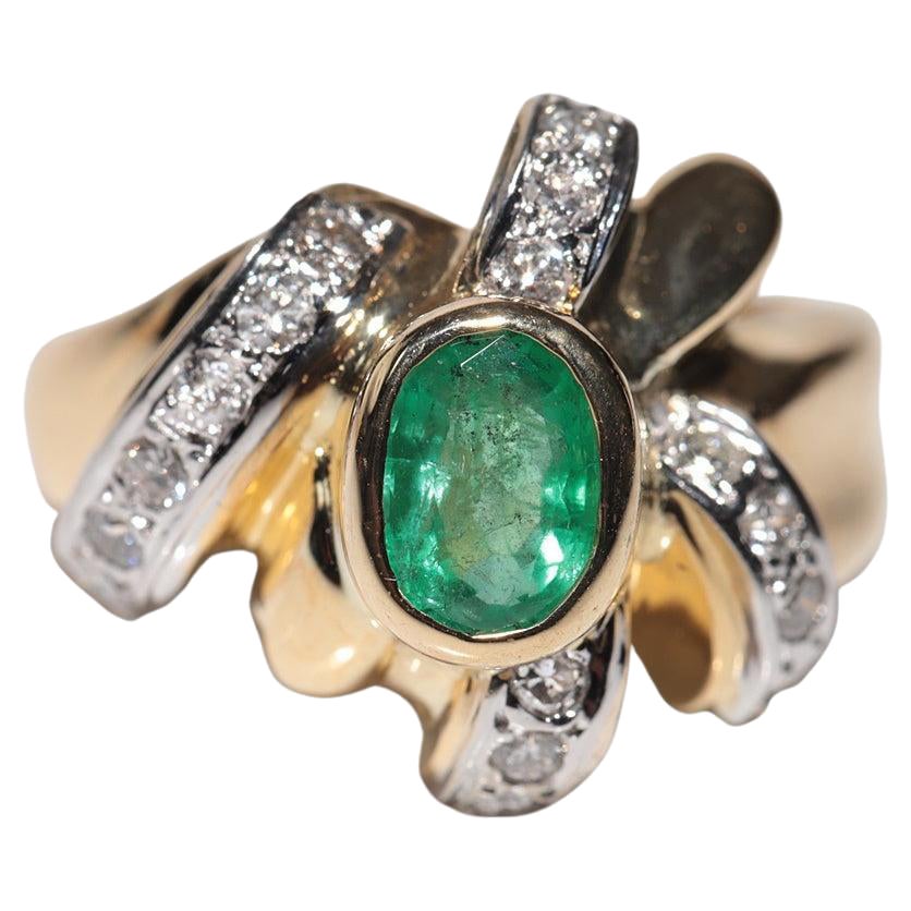Bague vintage des années 1980, en or 18 carats, diamant naturel et émeraude taille ovale